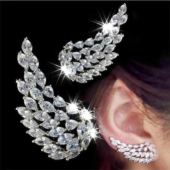 🌸Angel Wing Feather CZ Engagement Ear Bone Clip Earrings, GPMB1562 - Picture 1 of 4